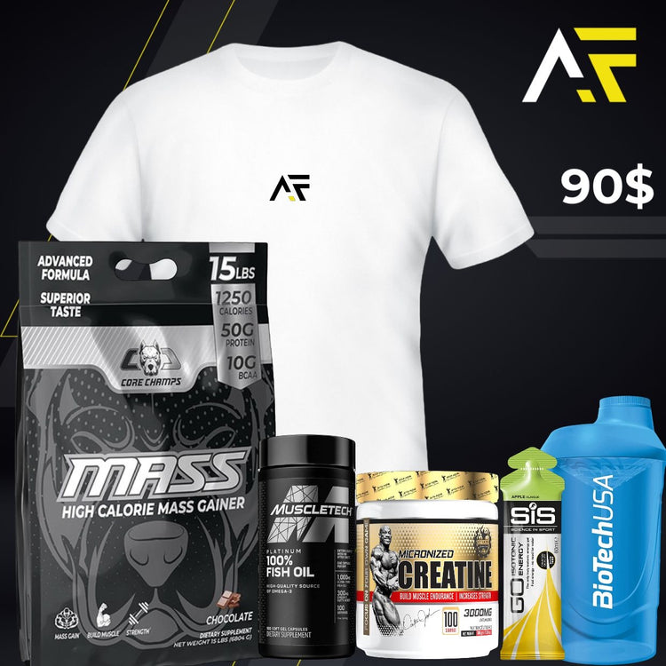 Core Champs Mass + MuscleTech Fish Oil + Micronized Creatine + SIS Isotonic Energy + Shaker + AF T-Shirt