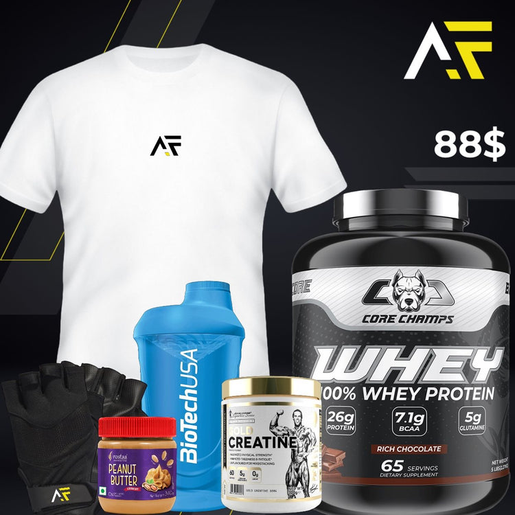 Core Champs WHY + Gold Creatine + Peanut Butter + Shaker + AF Gloves + AF T-Shirt