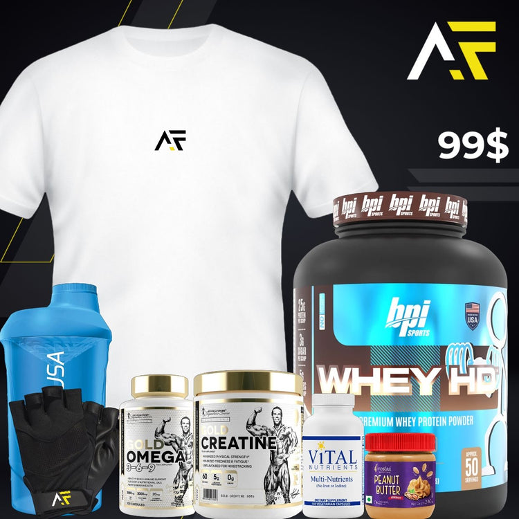 BPI WHEY + Vital Nutrients + Gold Creatine + Gold Omega + Shaker + AF Gloves + AF T-Shirt