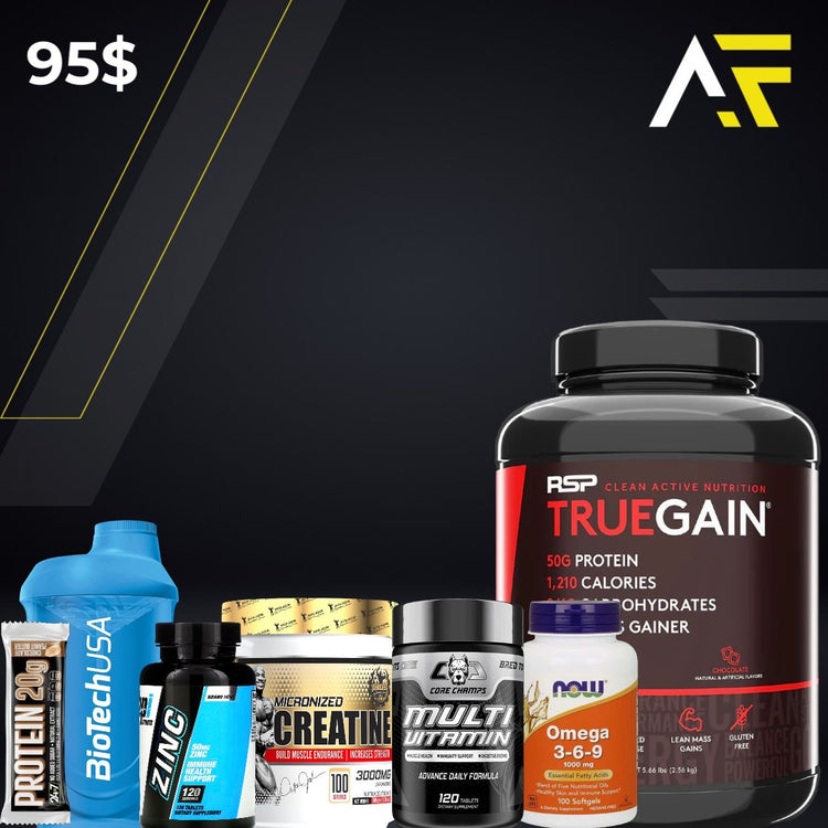 True Gain + Omega + Multi Vitamine + Creatine + Zinc + Shaker + Protein Bar