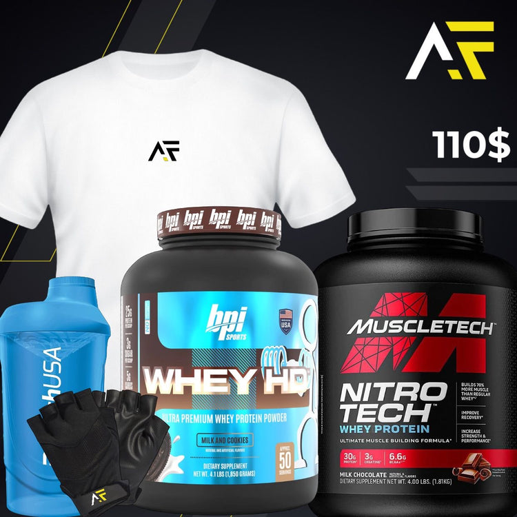 MuscleTech Nitro Tech + BPI WHEY + Shaker + AF Gloves + AF T-Shirt