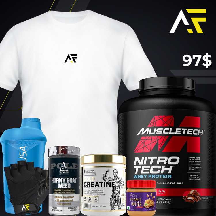 Nitrotech + creatine gold + horny goat weed ( testo booster ) + peanut butter + shaker + gloves + gym tshirt