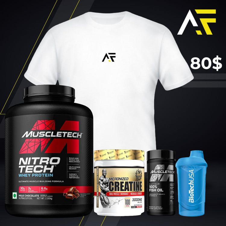 MUSCLETECH NITRO TECH WHEY PROTEIN + MICRONIZED CREATINE + MUSCLETECH FISH OIL + Shaker + AF T-Shirt