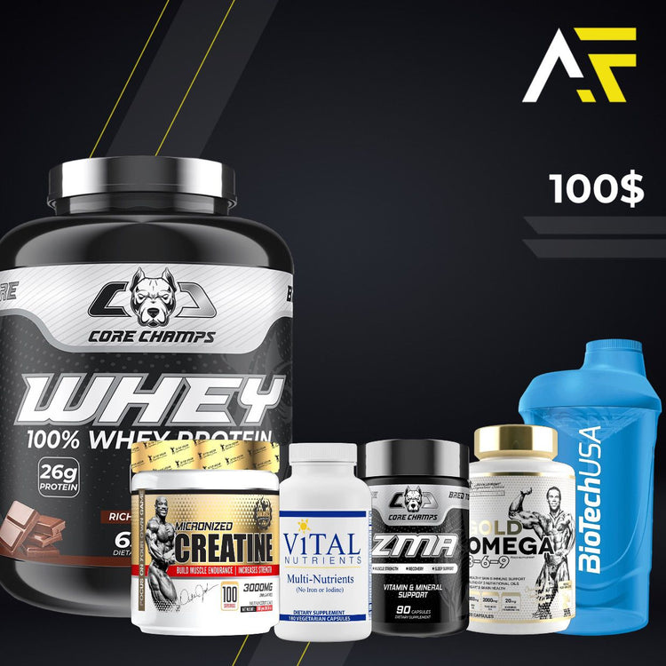 CORE CHAMPS WHEY PROTEIN + MICRONIZED CREATINE + VITAL NUTRIENTS + CORE CHAMPS ZMA + GOLD OMEGA + SHAKER