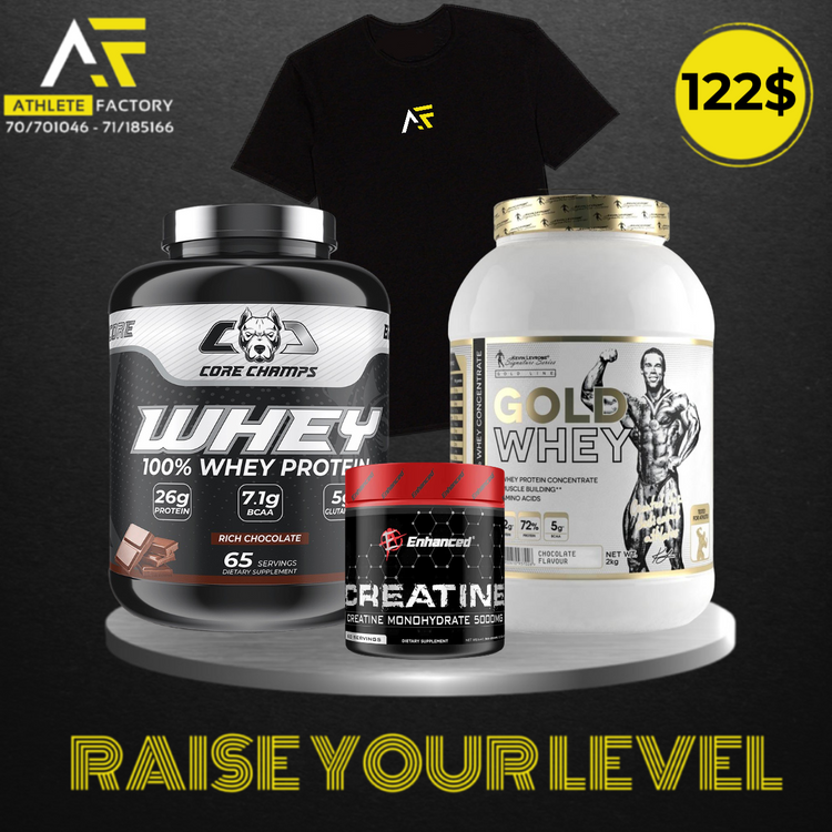 Gold whey kevin levrone + core champs whey + creatine enhanced + AF tshirt