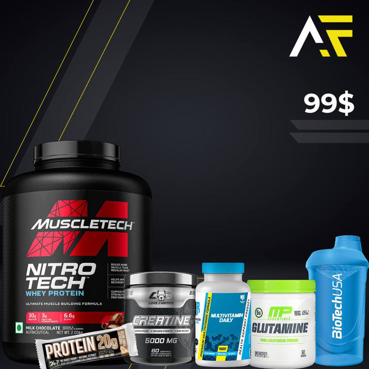 MuscleTech Nitro Tech + CoreChamps Creatine + MultiVitamine Daily + Glutamine + Shaker + Protein Bar