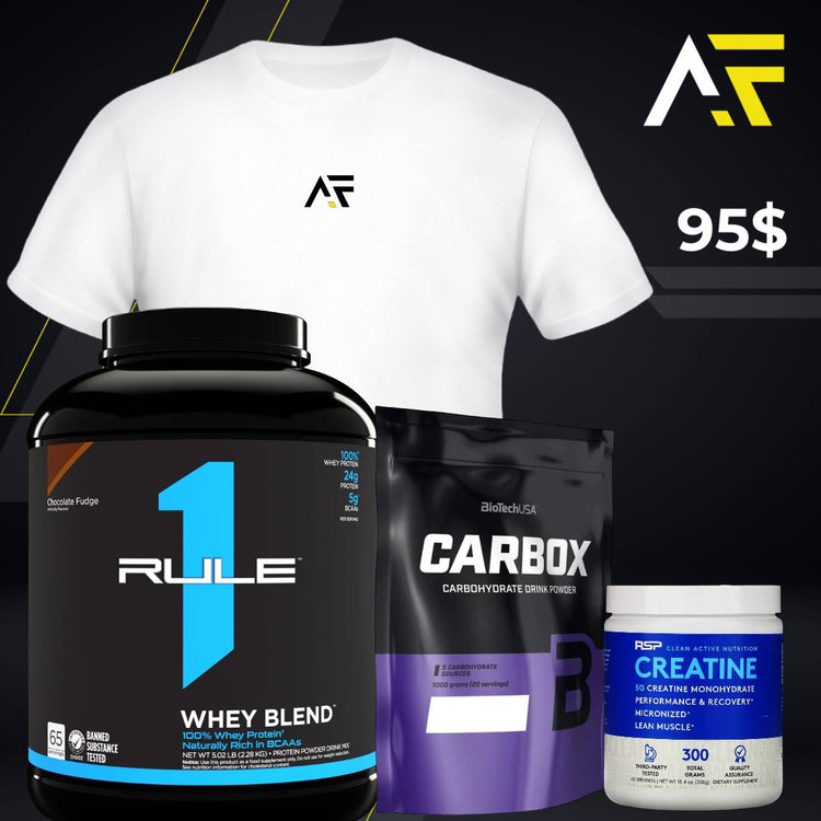 Rule 1 WHEY Blend + Carbox + RSP Creatine + AF T-shirt